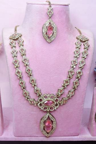 Pink yellow gold premium designer american diamond and stone work necklace set
