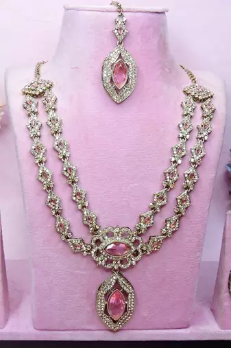 Pink yellow gold premium designer american diamond and stone work necklace set