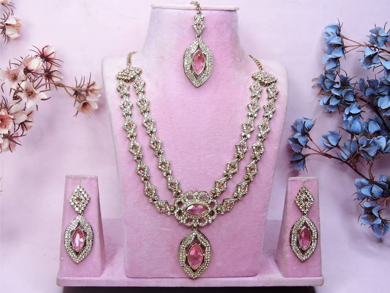 Pink yellow gold premium designer american diamond and stone work necklace set