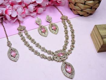 Pink yellow gold premium designer american diamond and stone work necklace set 2