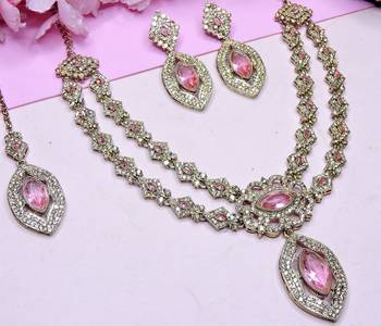 Pink yellow gold premium designer american diamond and stone work necklace set 3