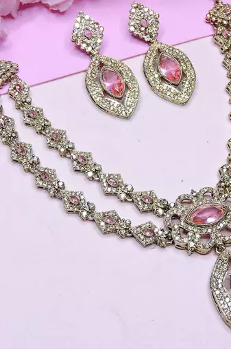 Pink yellow gold premium designer american diamond and stone work necklace set