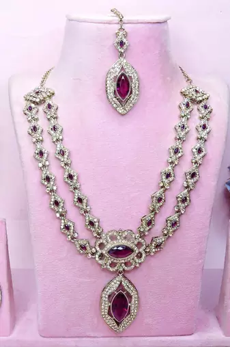 Purple yellow gold premium designer american diamond and stone work necklace set
