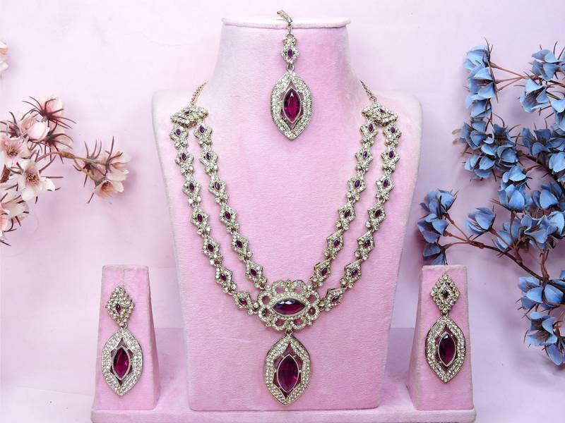 Purple yellow gold premium designer american diamond and stone work necklace set
