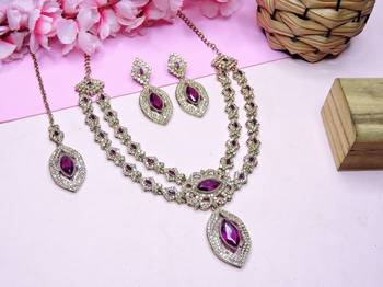 Purple yellow gold premium designer american diamond and stone work necklace set 2