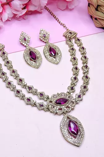 Purple yellow gold premium designer american diamond and stone work necklace set