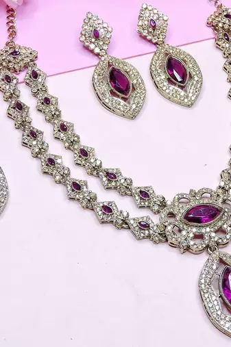 Purple yellow gold premium designer american diamond and stone work necklace set