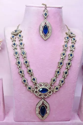Blue yellow gold premium designer american diamond and stone work necklace set