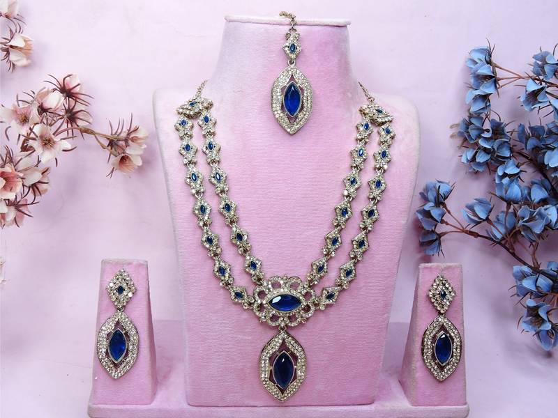 Blue yellow gold premium designer american diamond and stone work necklace set