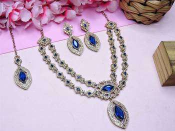 Blue yellow gold premium designer american diamond and stone work necklace set 2