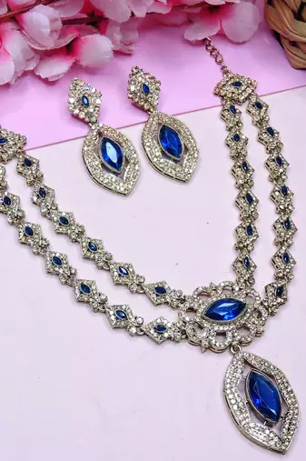 Blue yellow gold premium designer american diamond and stone work necklace set