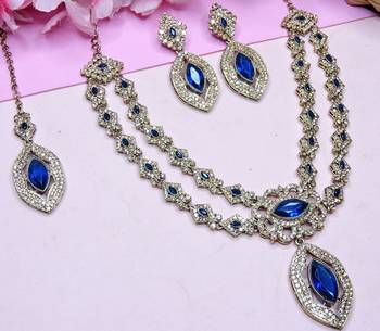 Blue yellow gold premium designer american diamond and stone work necklace set 3