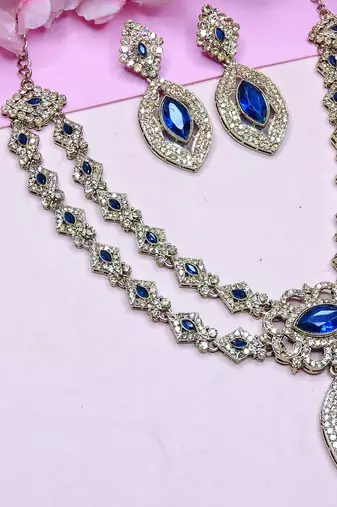 Blue yellow gold premium designer american diamond and stone work necklace set