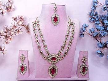 Pink yellow gold premium designer american diamond and stone work necklace set 1
