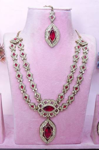 Pink yellow gold premium designer american diamond and stone work necklace set