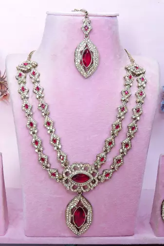 Pink yellow gold premium designer american diamond and stone work necklace set