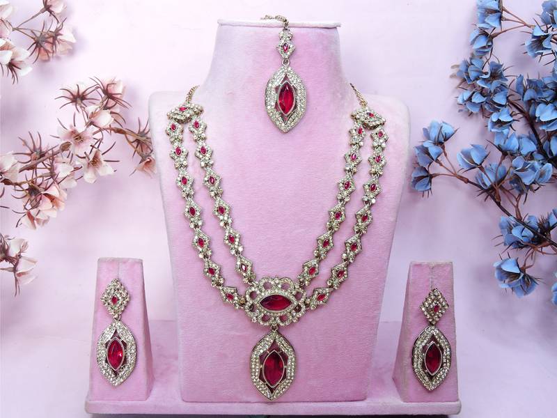 Pink yellow gold premium designer american diamond and stone work necklace set