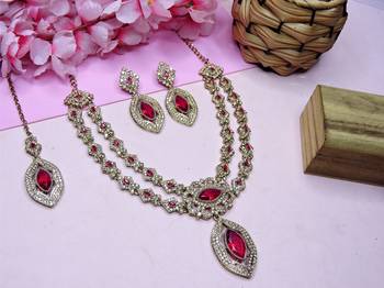 Pink yellow gold premium designer american diamond and stone work necklace set 2