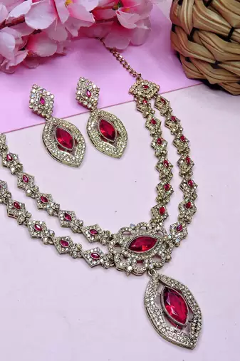 Pink yellow gold premium designer american diamond and stone work necklace set