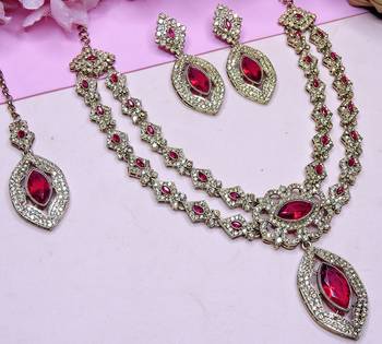 Pink yellow gold premium designer american diamond and stone work necklace set 3