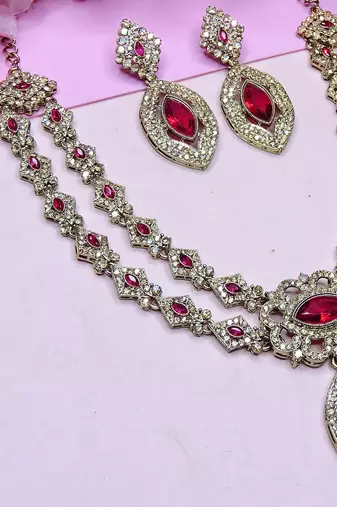 Pink yellow gold premium designer american diamond and stone work necklace set