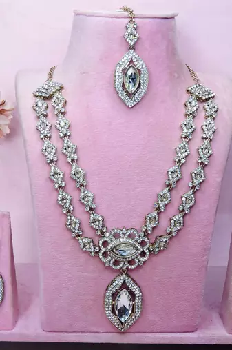 White yellow gold premium designer american diamond and stone work necklace set