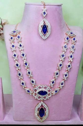 Blue rose gold premium designer american diamond and stone work necklace set