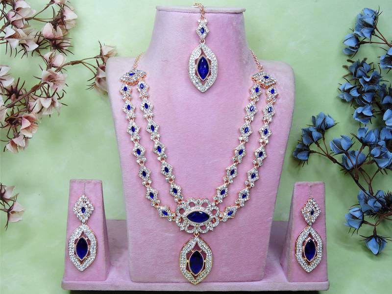 Blue rose gold premium designer american diamond and stone work necklace set