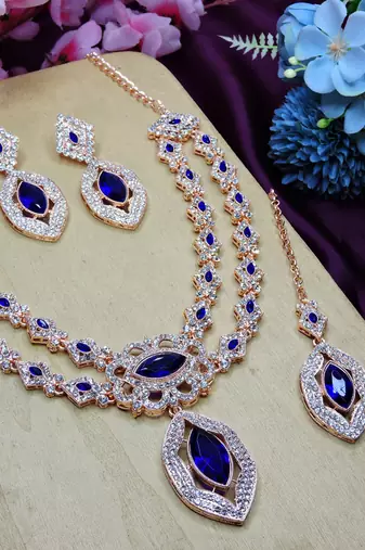 Blue rose gold premium designer american diamond and stone work necklace set