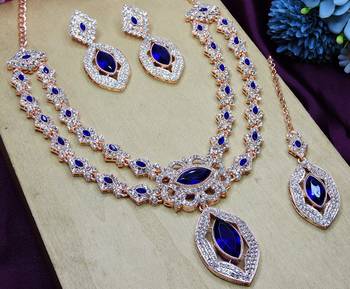 Blue rose gold premium designer american diamond and stone work necklace set 3