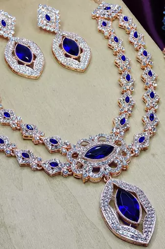 Blue rose gold premium designer american diamond and stone work necklace set