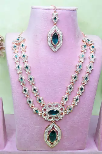 Green rose gold premium designer american diamond and stone work necklace set