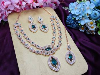 Green rose gold premium designer american diamond and stone work necklace set 2