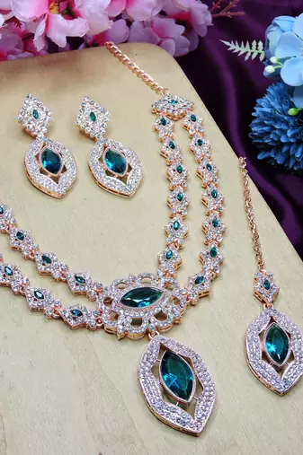 Green rose gold premium designer american diamond and stone work necklace set