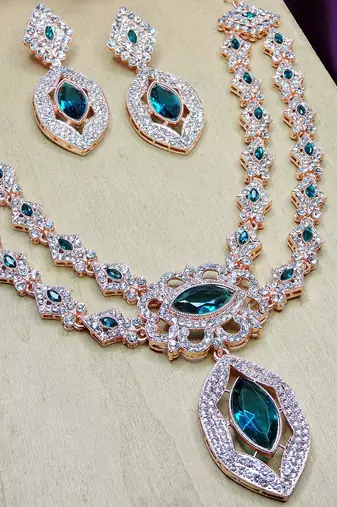 Green rose gold premium designer american diamond and stone work necklace set