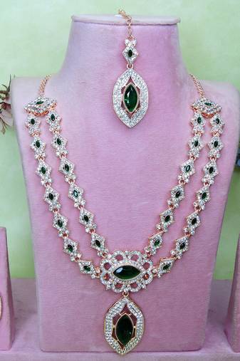 Green rose gold premium designer american diamond and stone work necklace set