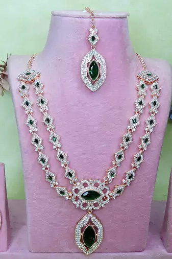Green rose gold premium designer american diamond and stone work necklace set