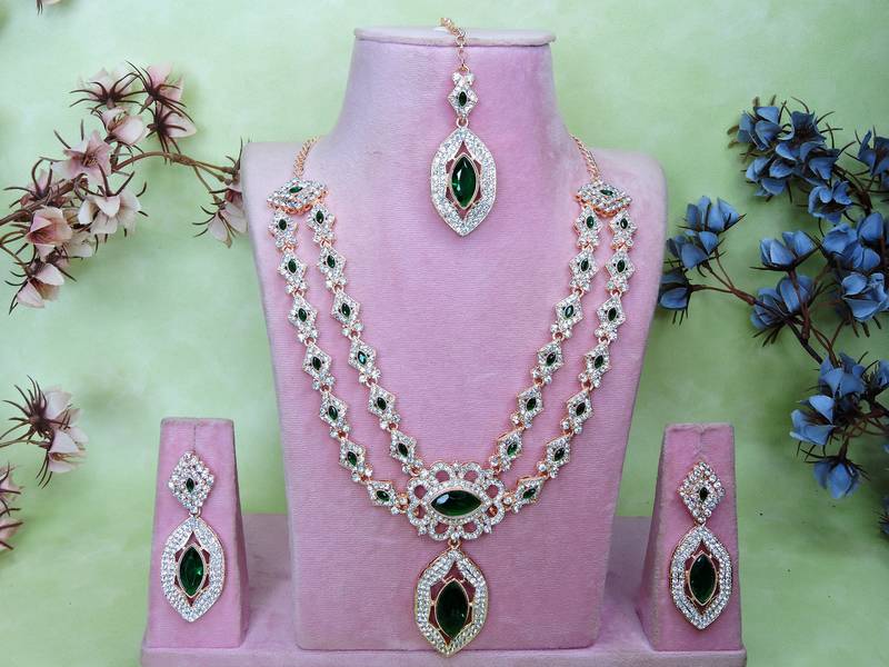 Green rose gold premium designer american diamond and stone work necklace set
