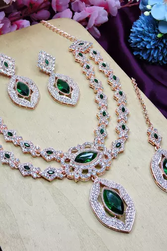 Green rose gold premium designer american diamond and stone work necklace set