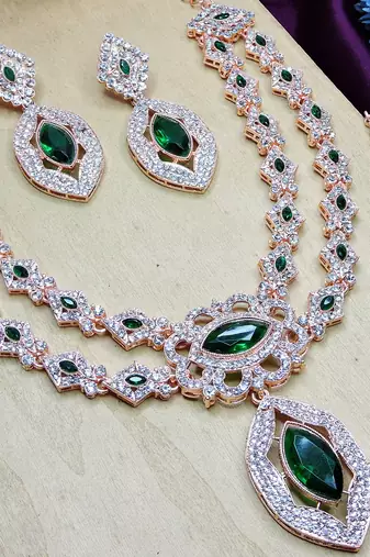 Green rose gold premium designer american diamond and stone work necklace set