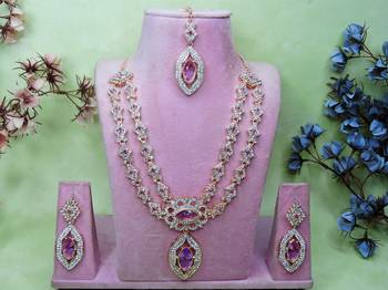 Purple rose gold premium designer american diamond and stone work necklace set 1