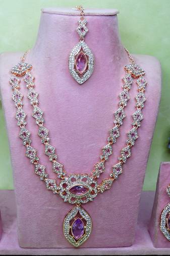 Purple rose gold premium designer american diamond and stone work necklace set