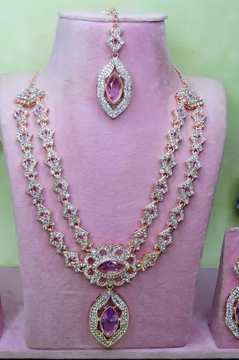 Purple rose gold premium designer american diamond and stone work necklace set