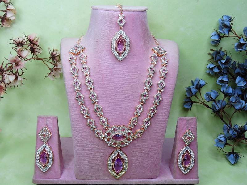 Purple rose gold premium designer american diamond and stone work necklace set