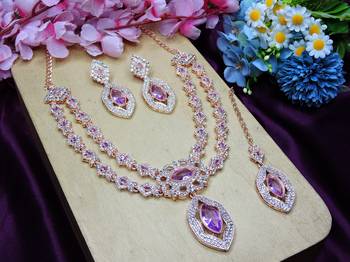 Purple rose gold premium designer american diamond and stone work necklace set 2