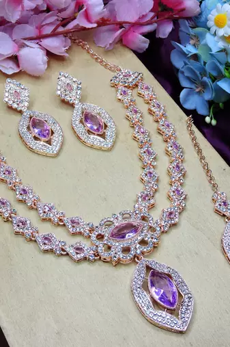 Purple rose gold premium designer american diamond and stone work necklace set