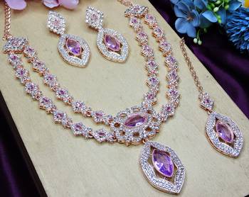 Purple rose gold premium designer american diamond and stone work necklace set 3