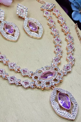 Purple rose gold premium designer american diamond and stone work necklace set
