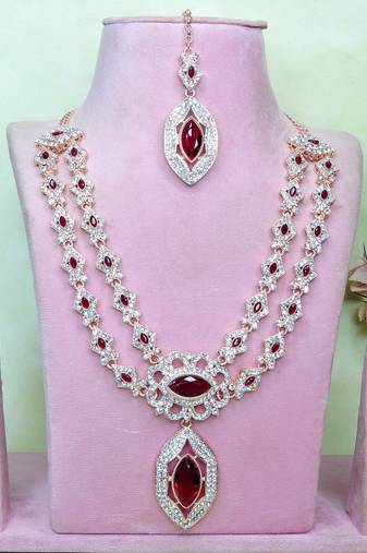 Maroon rose gold premium designer american diamond and stone work necklace set