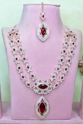 Maroon rose gold premium designer american diamond and stone work necklace set